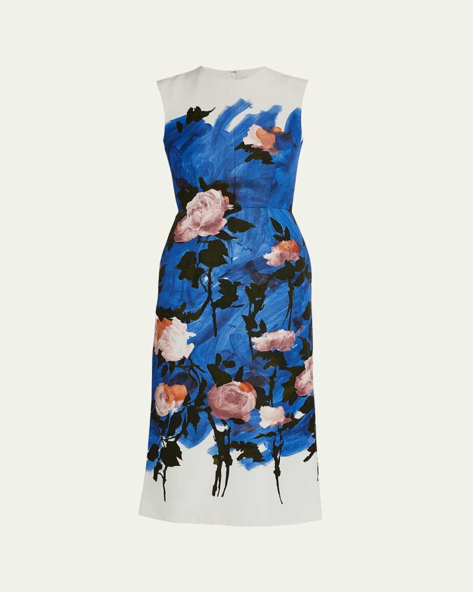 Sleeveless Painterly Floral Midi Pencil Dress